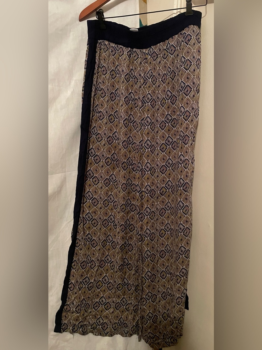 Matty M Navy and Multi-Color Geometric Print Wide Leg Pants Large Rayon